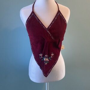 Embroidered Burgundy Leather Halter Top